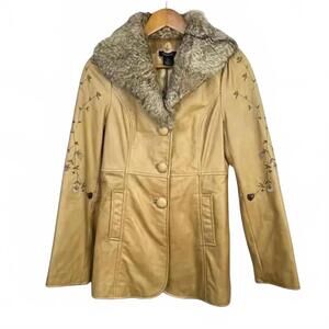 ARDEN B. Vintage Y2K Boho Tan Beige Penny Lane Leather Coat Fur Collar SIZE M